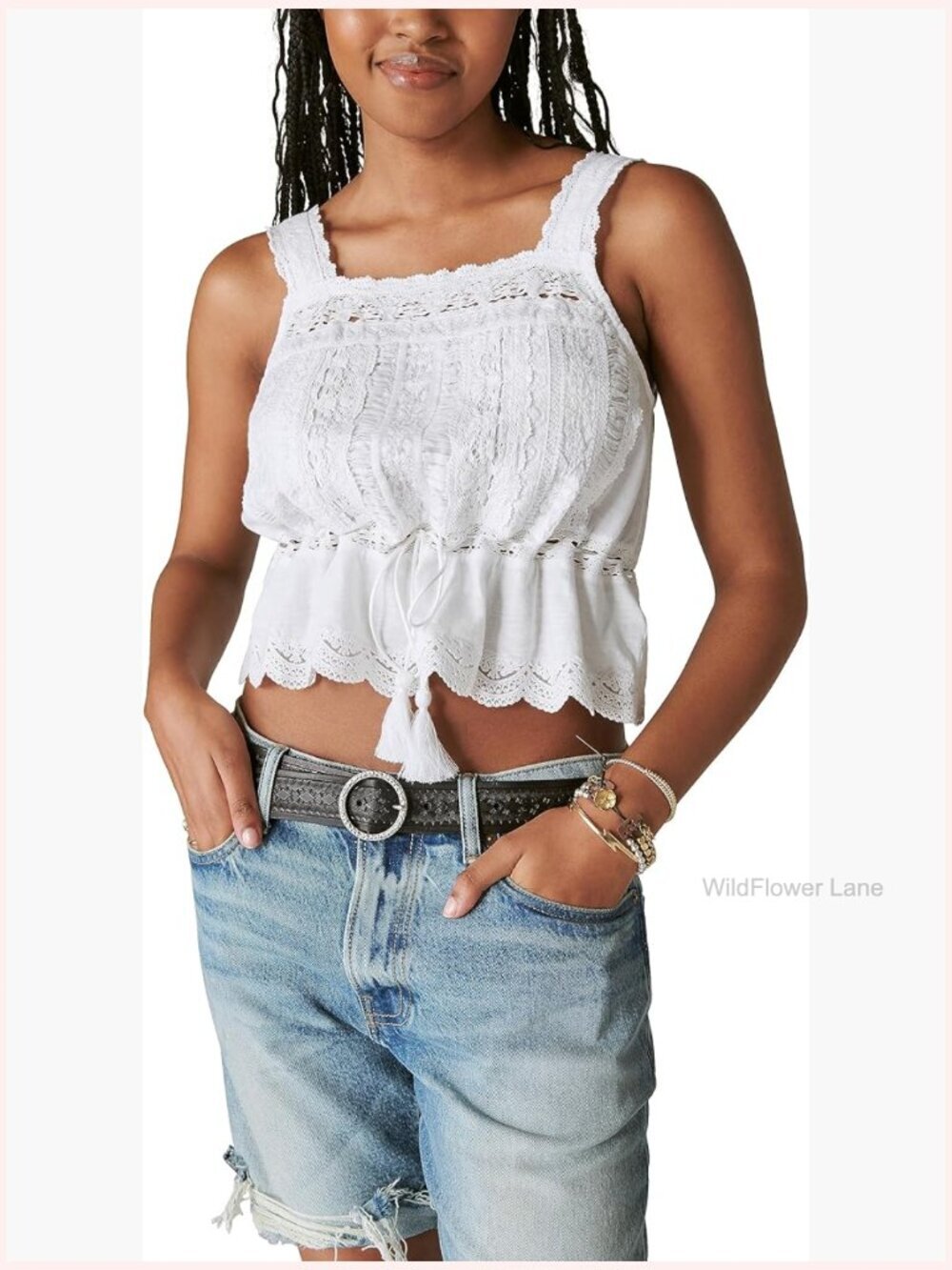Vintage Embroidered Lace Bubble Tank Top Square Neck Sleeveless